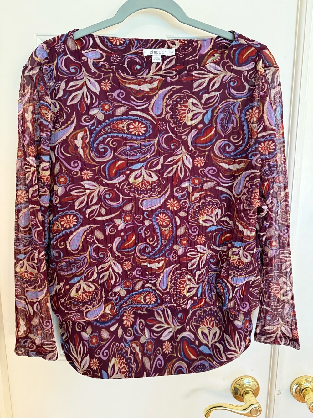 Chico's Plum Paisley Long-Sleeve Top with Blue and Cream Accents